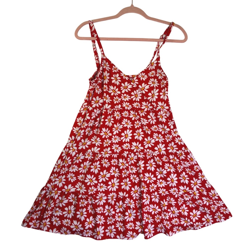 Hollister Red Daisy Floral Tiered Mini Dress Small Adjustable Straps V-Neck